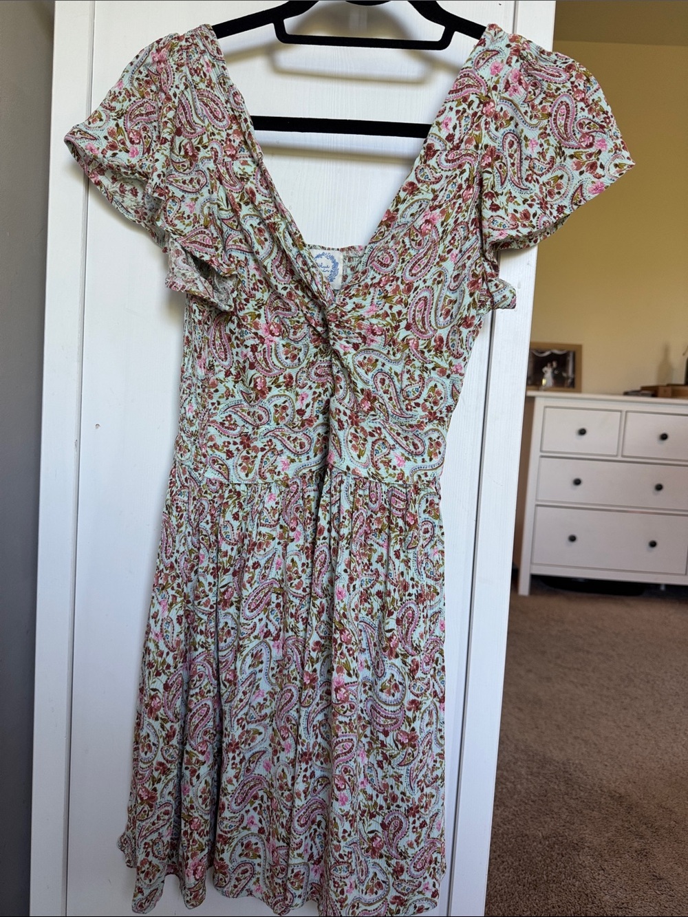 Floral Paisley V-Neck Summer Dress in Mint and Pink